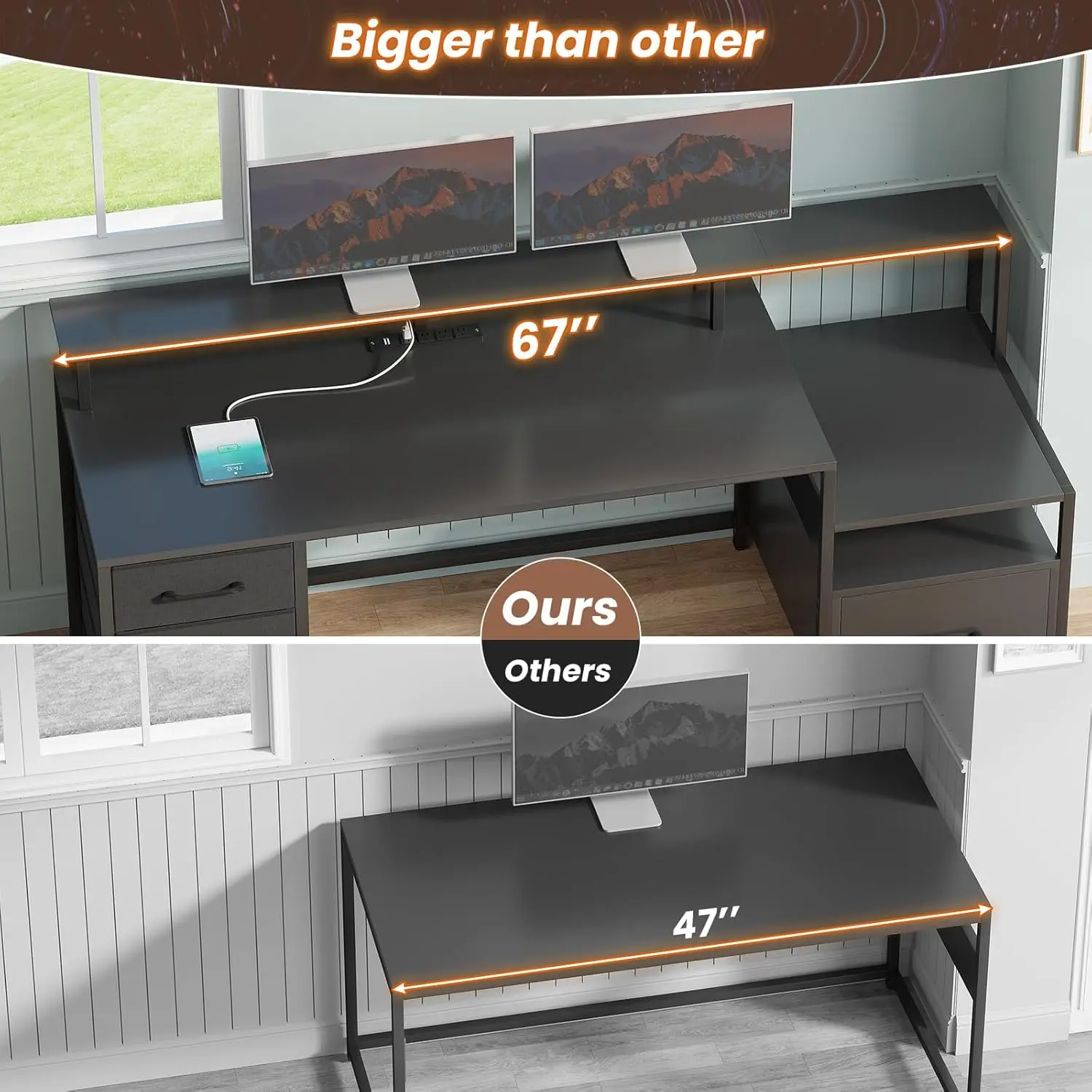 Computer Desk with 5 Drawer, Power Outlet & Led Lights, 66'' Home Office Desk with File Drawer,Storage,Monitor Shelf,Gaming Desk