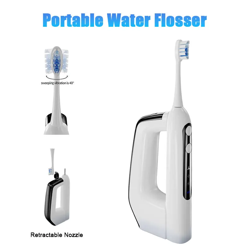 

Портативный ирригатор для полости рта / водный флоссер — модель с двойной функцией (ирригатор и зубная щетка) со встроенным отсеком для хранения насадок.