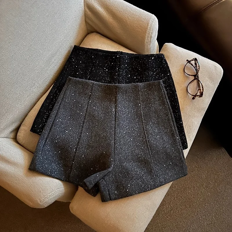 

Звездные блестящие шорты женские осень-зима новый стиль ретро Spice Girl с высокой талией облегающие верхняя одежда трапециевидные брюки Bootcut