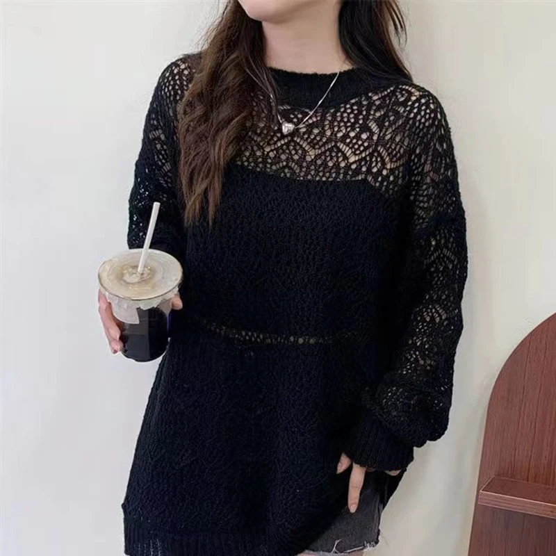 MEXZT Y2K Hollow Out Pullover maglione donna dolce Sexy vedere attraverso sottile maglione allentato coreano oversize protezione solare camicia top