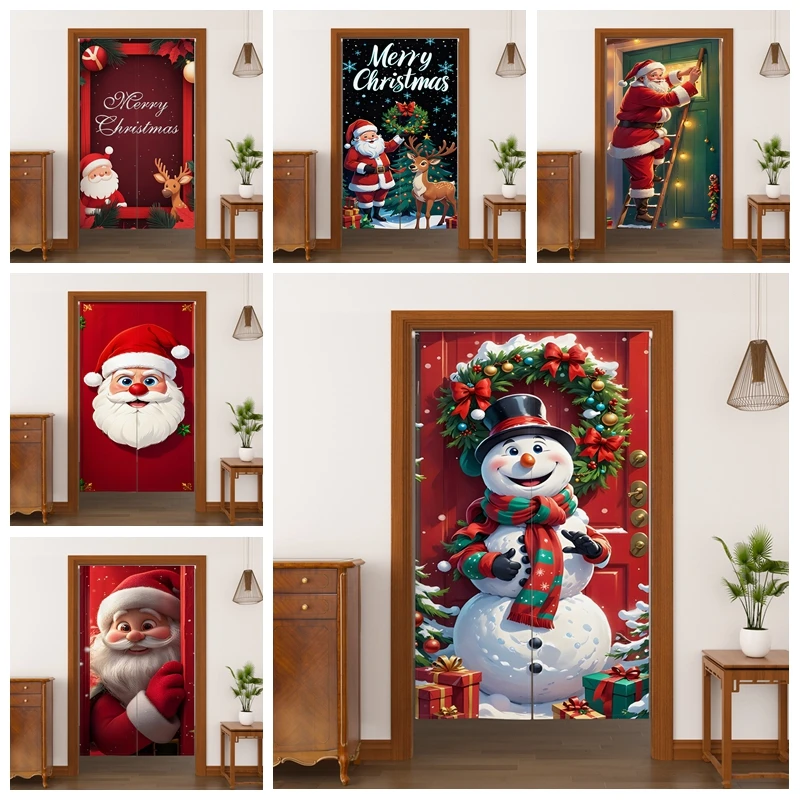 

Рождественские дверные шторы Noren, Санта-Клаус, узоры снеговика, разделенные дверные шторы, домашний рождественский декор, подвесная полузанавеска на липучке