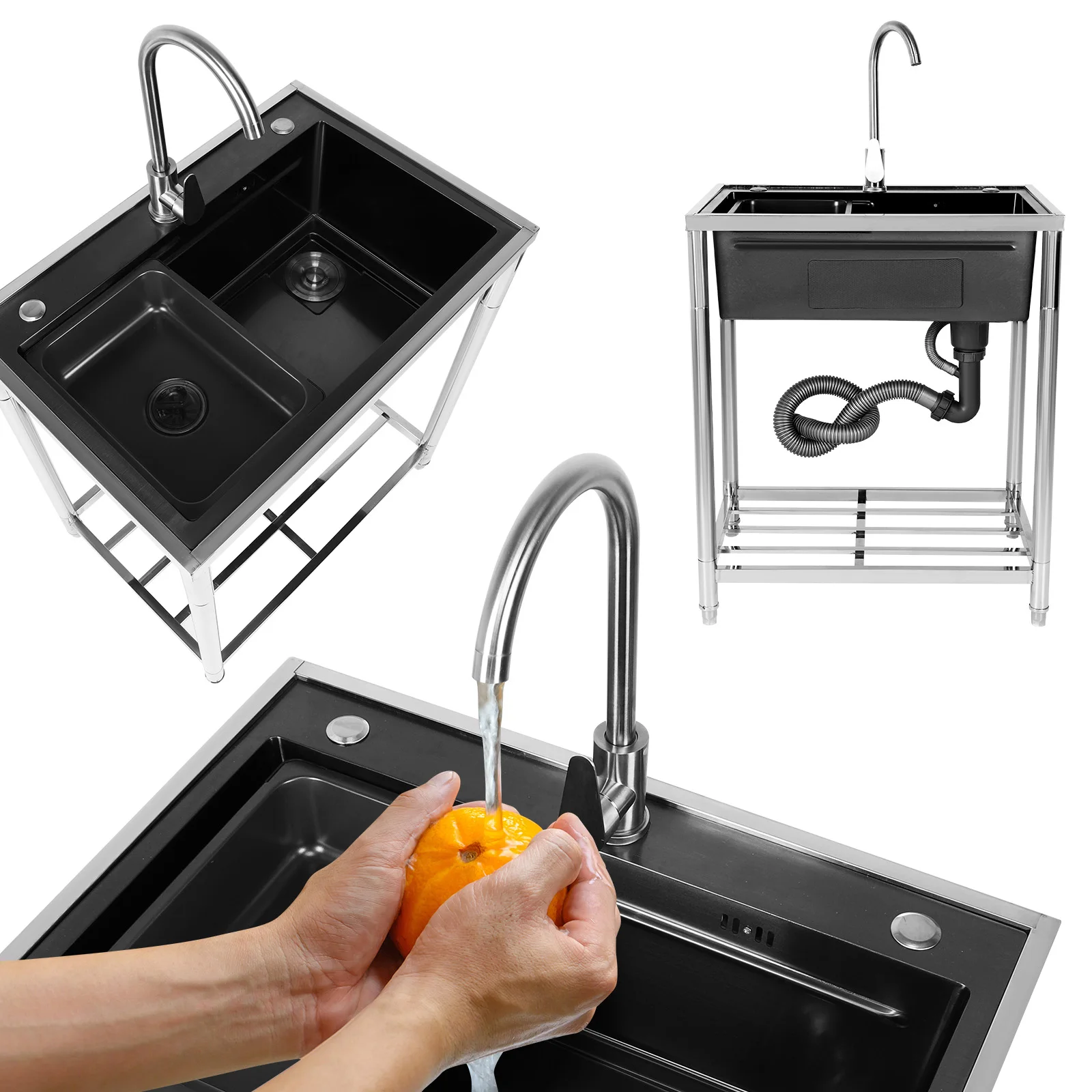 

Single Bowl Sink Set Adjustable Stand Freestanding Utility Sink Rust Proof for Kitchen Bathrooms Laundry Room