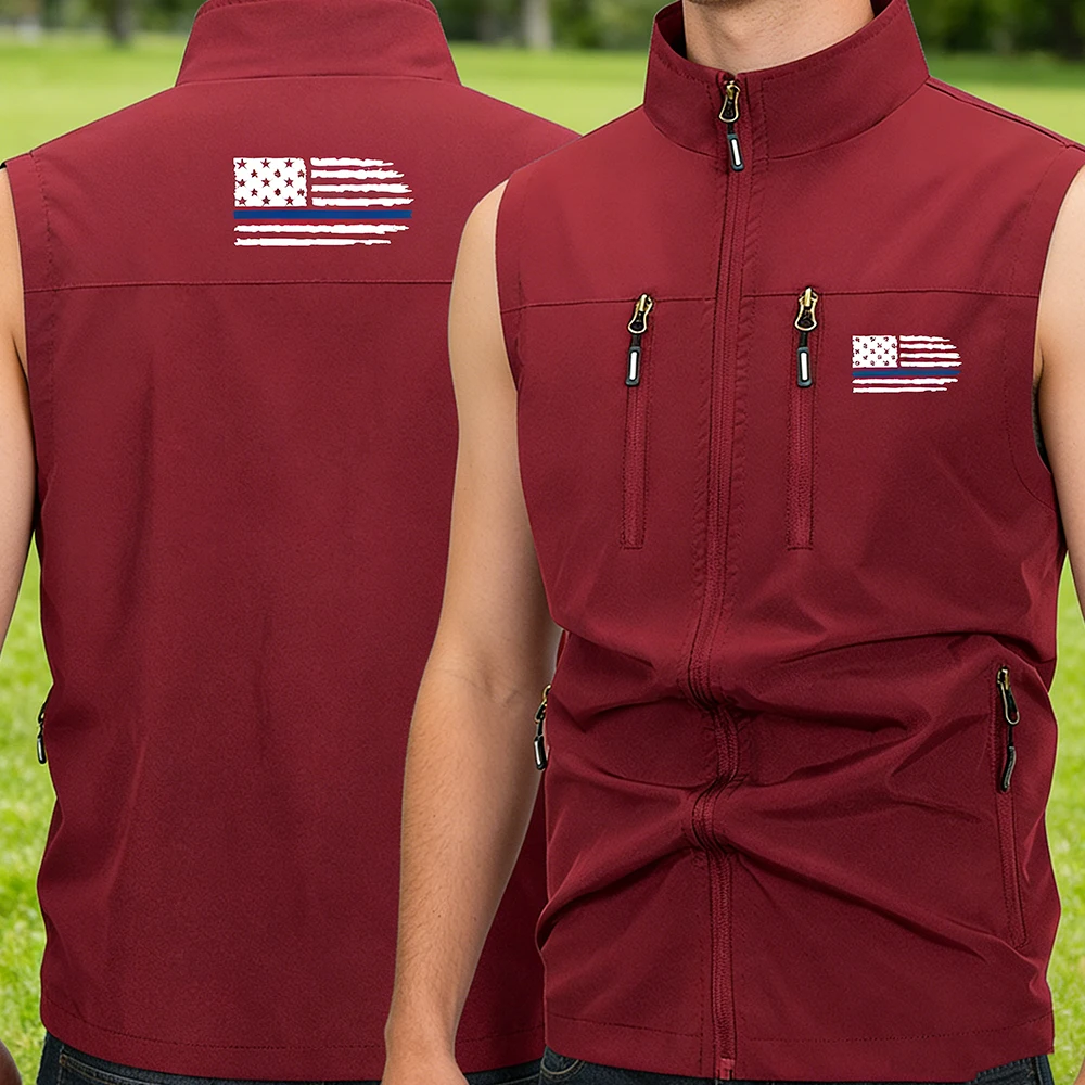 Outdoor Men's Vest Stand Collar Sleeveless Windbreaker with Multi-Zipper Pockets Thin Blue Line Flag Print for Casual Jacket