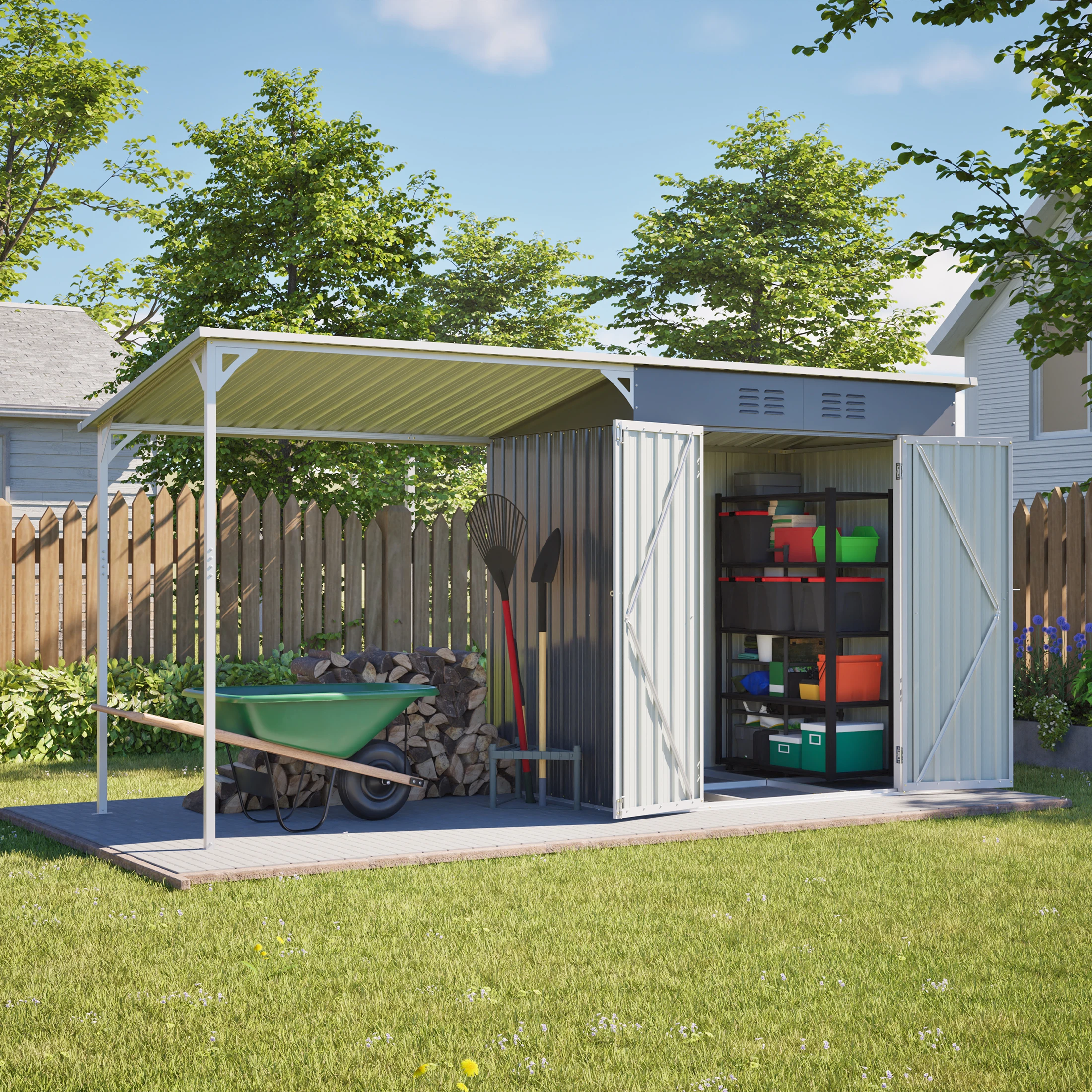 6x4FT Heavy Duty Metal Garden Shed with Pergola Triangular Support Bracket Reinforced Base Galvanized Steel Waterproof for Backyard Tool Storage
