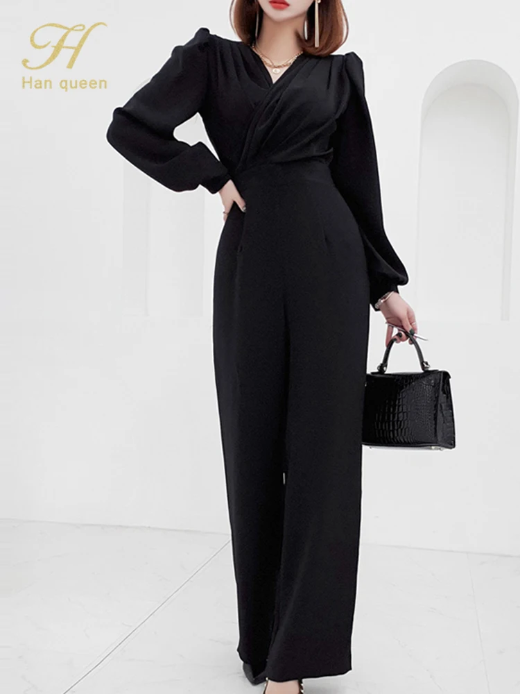 H Han Queen Elegant Summe Business Jumpsuits Women V-Neck Wide Leg Trousers Long Playsuits Casual High Waist Rompers Office Lady