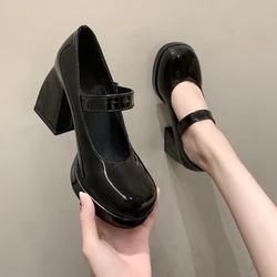 Platform Pumps Women Elegant Square Heels Mary Jane Shoes Woman Ankle Buckle High Heeled Shoes Female Lolita Shoes 2024