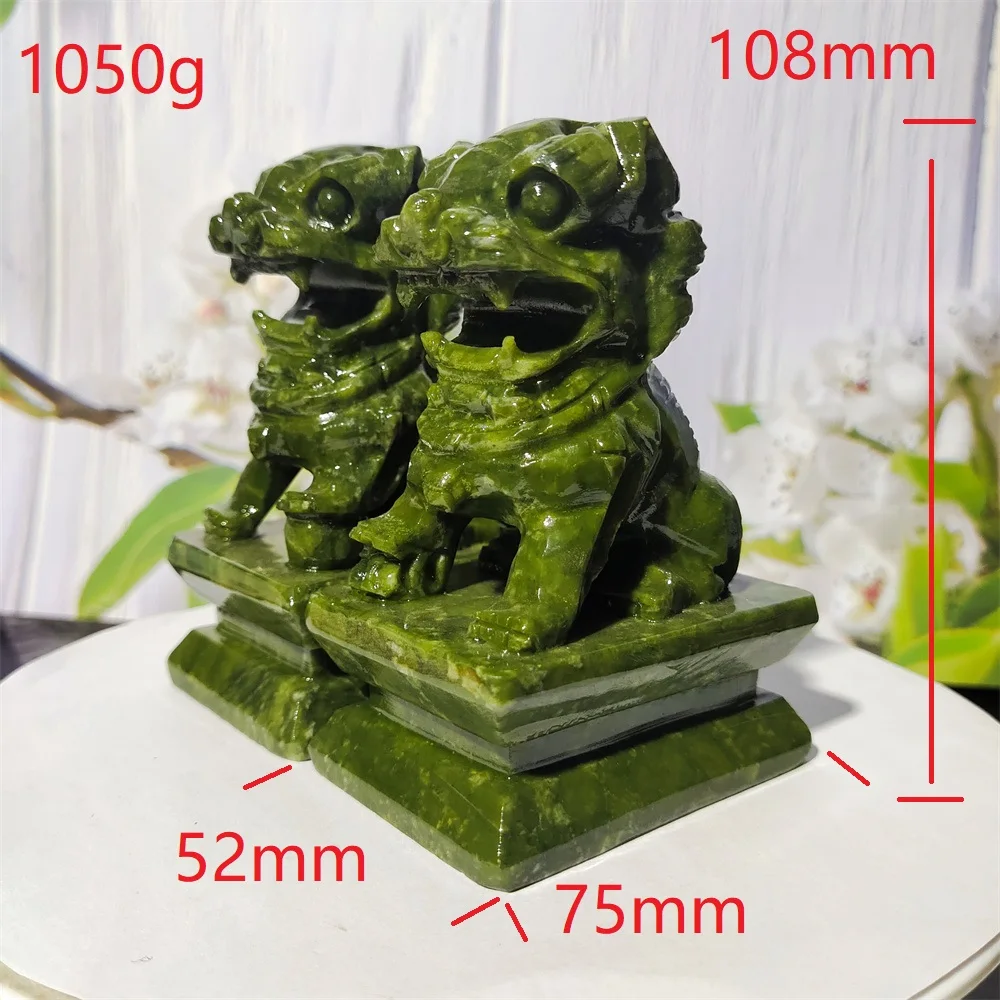 A Pair Natural Stone Jade Lion Statues Feng Shui Reiki Healing Home Decoration