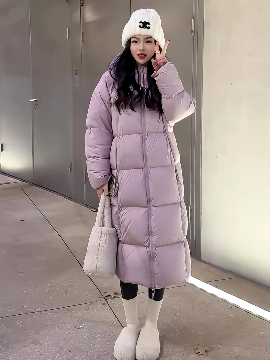 

Фиолетовое пуховое женское зимнее новое свободное теплое пальто выше колена с эффектом стройности, повседневное, на молнии, с дизайнерскими карманами, с наполнителем из белого пуха