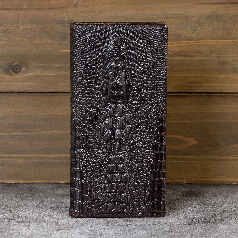 YH3148 Retro embossed genuine leather men's wallet long crocodile pattern top layer cowhide multi slot coin purse