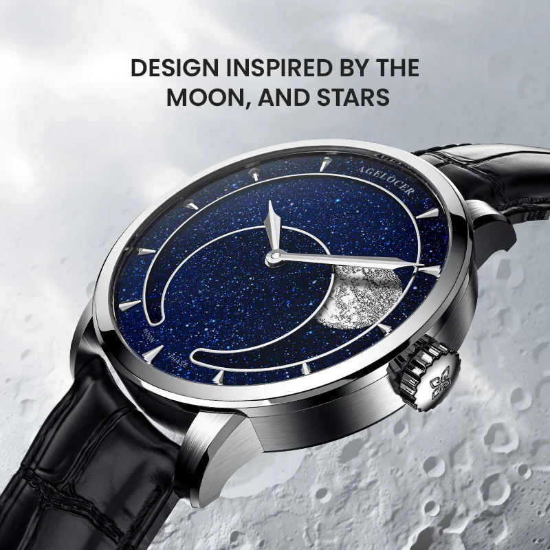 AGELOCER Original Astronomer Watch Blue Aventurine Dial Men\'s Luxury Automatic Mechanical Moon Phase Watch Birthday Gift for Men