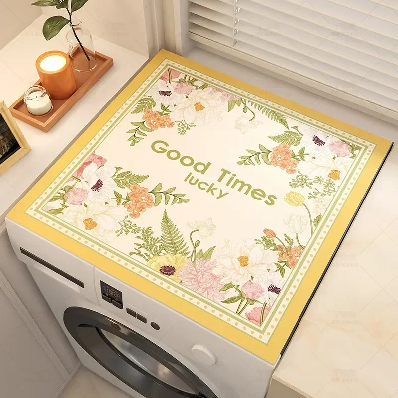 VIKAMA Green Daisy Floral Washing Machine Top Mat Gold Frame Letter Print Waterproof Anti Dust Cover Pad For Laundry