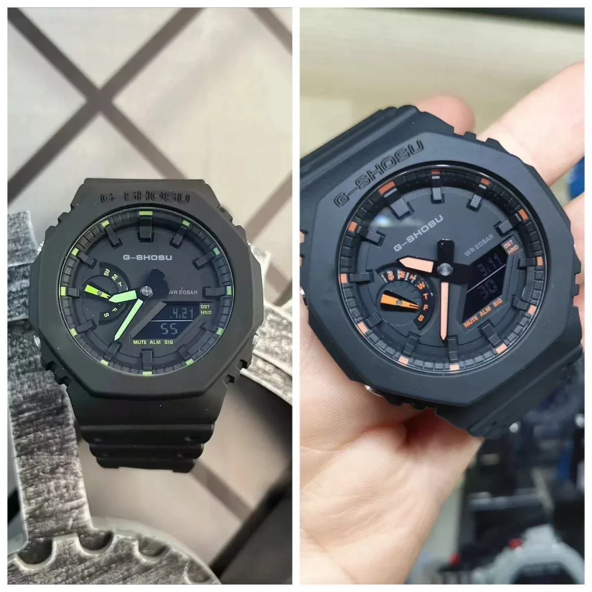 ساعة رياضية باللون الأخضر والأسود للجنسين، وظيفة كاملة، توقيت عالمي، شاشة LED مزدوجة، حزام مطاطي من خشب البلوط المضيء