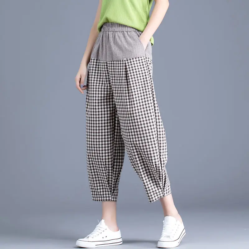 

Fashion Elastic Pockets Spliced Plaid Bloomers Pants Women's Clothing 2024 Summer New Loose Commuter High Waist Casual Pants