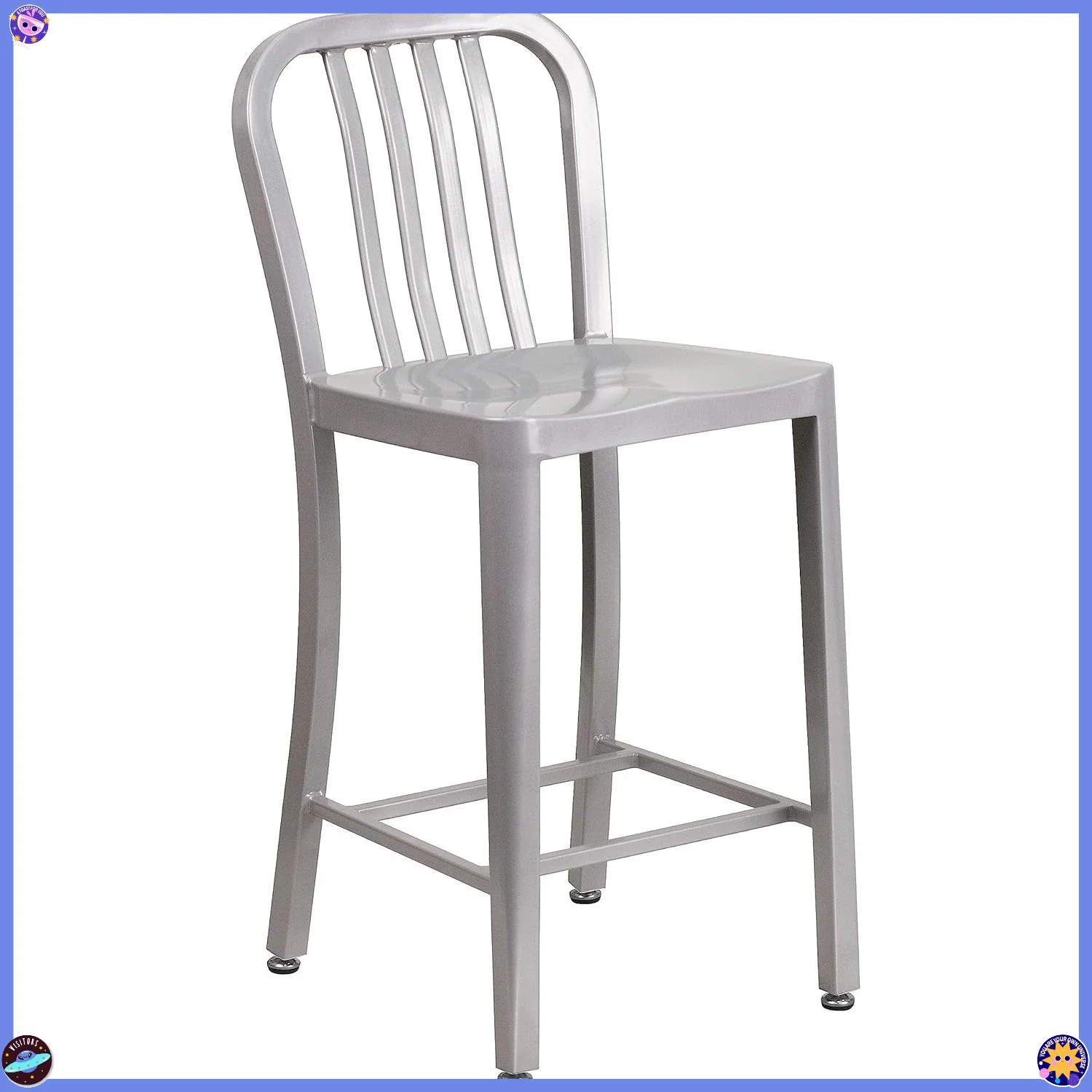 Modern Silver Bar Stool 24 Inch - Vertical Slatted Back Stool with Footrest, Kitchen Counter Stool for Home, Cafe & Bar Decor