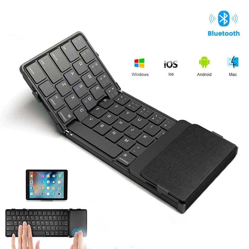 Teclado Bluetooth dobrável com Touchpad Teclado dobrável sem fio com couro PU para iOS Android Windows, suporte para 3 dispositivos