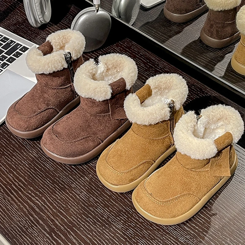 Girls Cozy Fleece Cuff Warm Ankle Snow Boots Winter Side Zipper Booties Soft Rubber Sole Outdoor Boots for Little & Big Girls