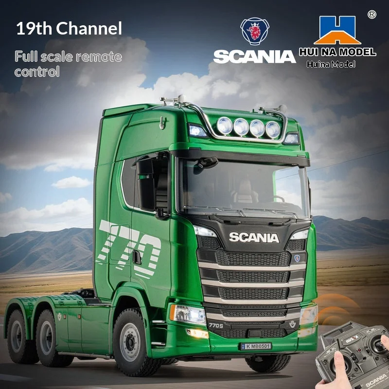 Hui Na Model RC Scania 770S Green Alloy Flatbed Tractor Truck 19 Channels Full Scale Remote Control Toy Gift For Boys