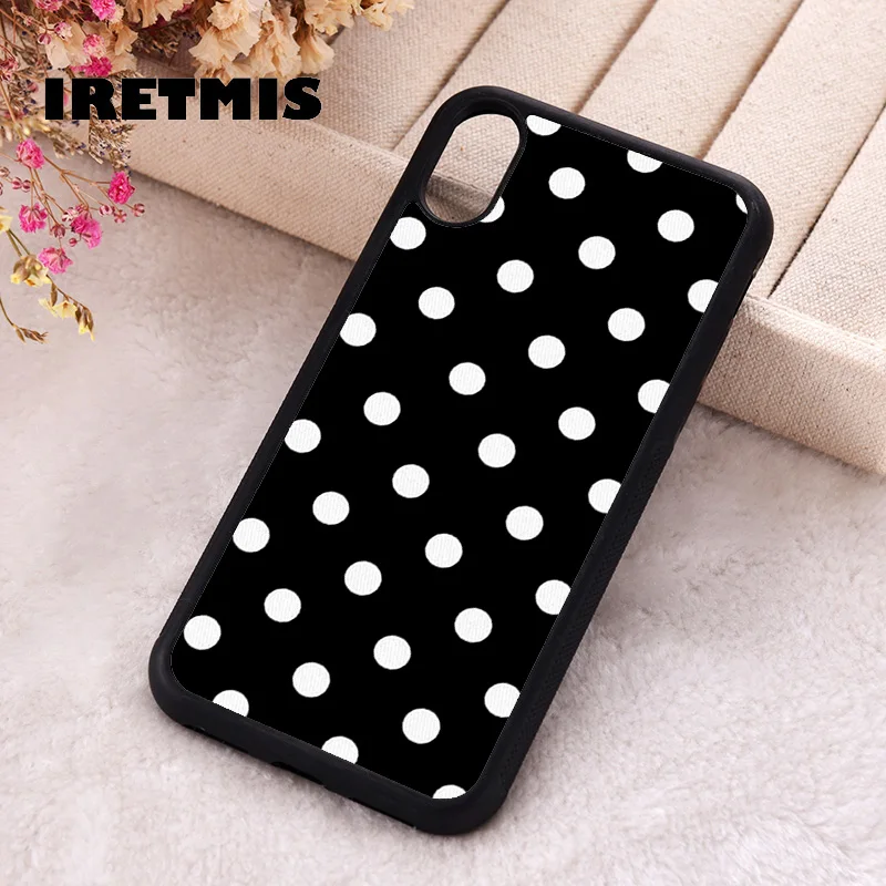 Iretmis Phone Cover Case For iPhone X XS Max XR 11 12 13 PRO MINI 14 15 16 Plus Rubber Silicone Black And White Polka Dot