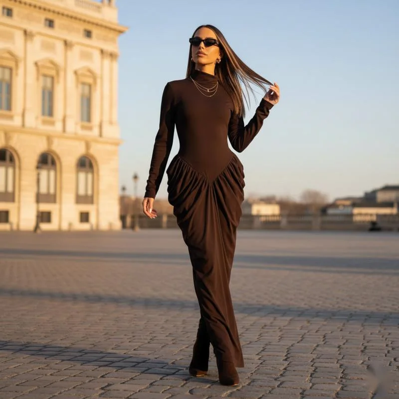 

Fashion Women's Turtleneck Full Sleeve Dress With High Stretch And Solid Color For Casual Daily Wear And Autumn Trendy Bodycon