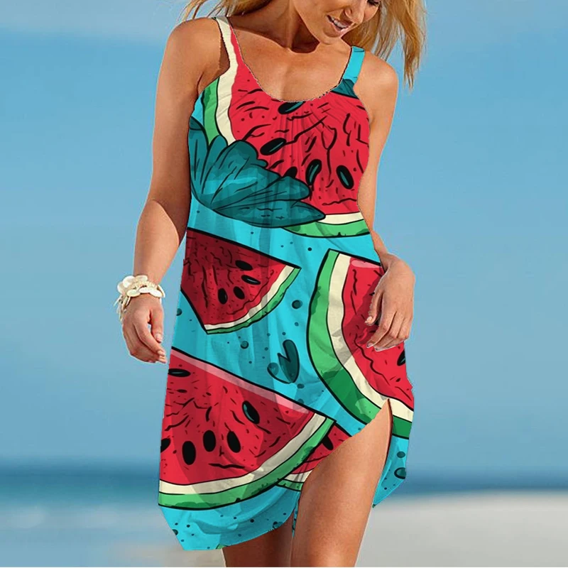 

Summer new ladies suspender dress, watermelon 3D printed lady camisole dress, fashion trend, casual loose ladies suspender dress