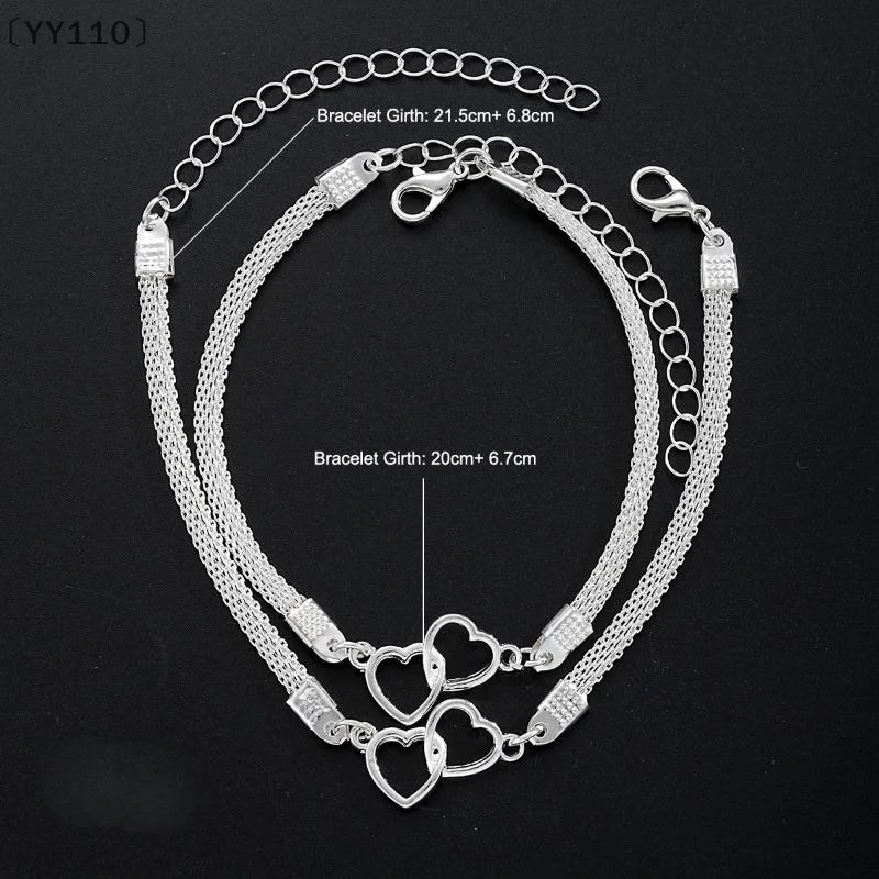 [[YY110」 2 قطعة مجموعة الحب القلب أساور للأزواج للنساء الرجال الفضة اللون طبقة مزدوجة مطابقة سلسلة سوار عاشق المجوهرات هدية #6