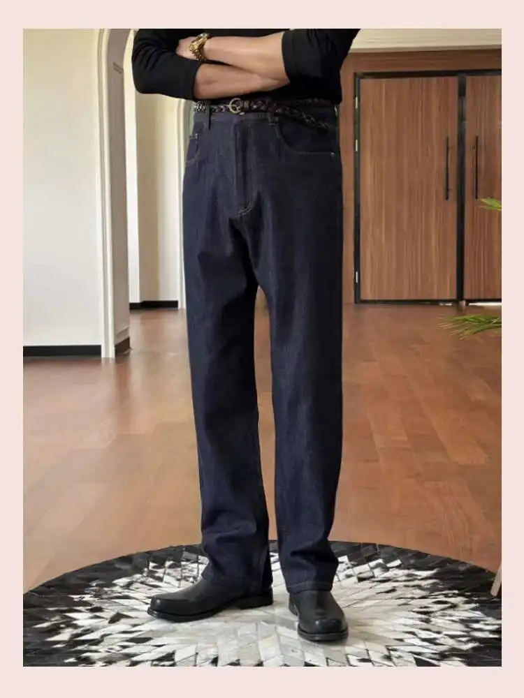 Estilo britânico premium lavado azul profundo denim calças versátil cintura alta calças de perna reta para homens pantalones hombre 2025