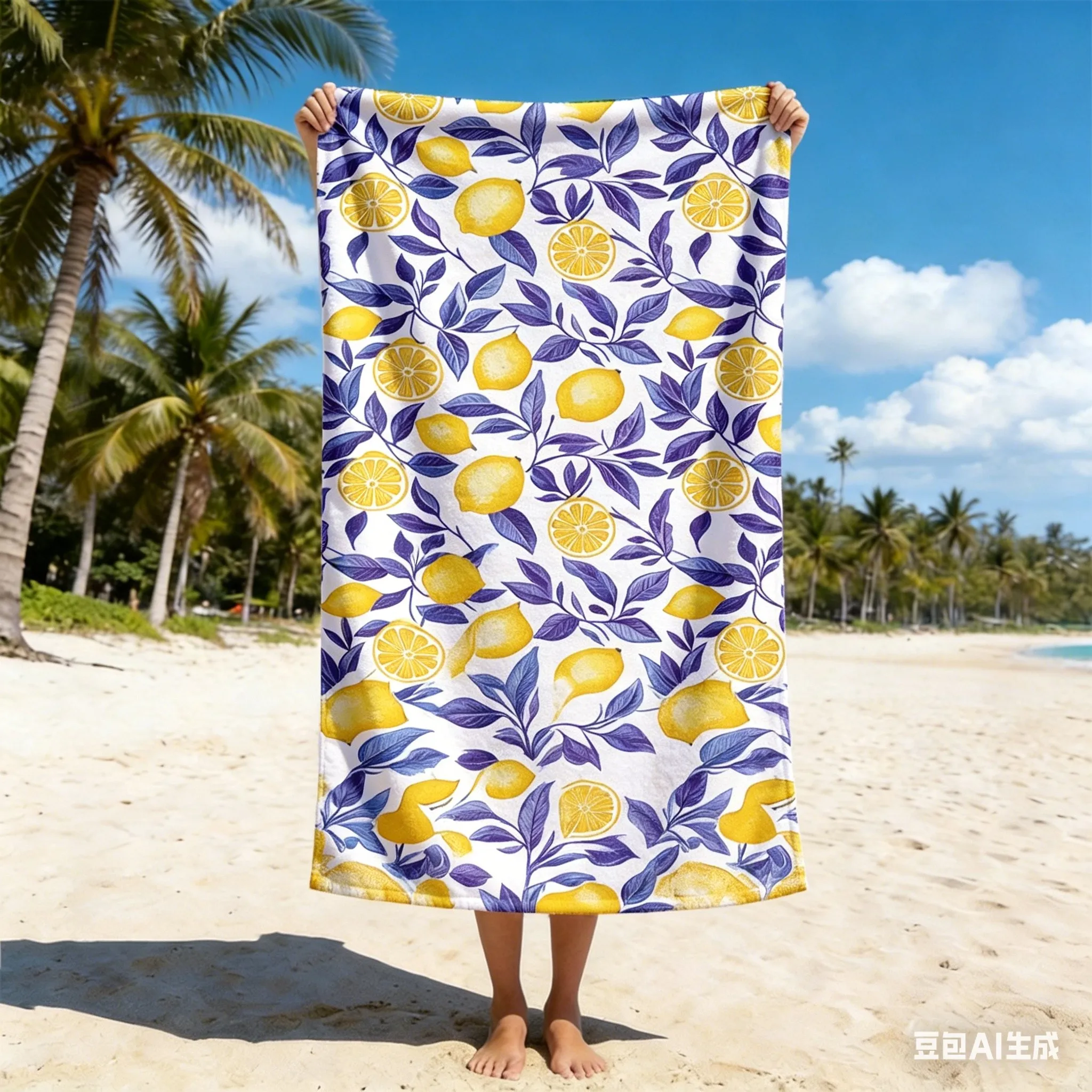 Mediterranean Lemon Beach Towel Summer Towel Blue Leaves Print Pool Towel Large Microfiber Beach Towel Aesthetic Vacation Mat