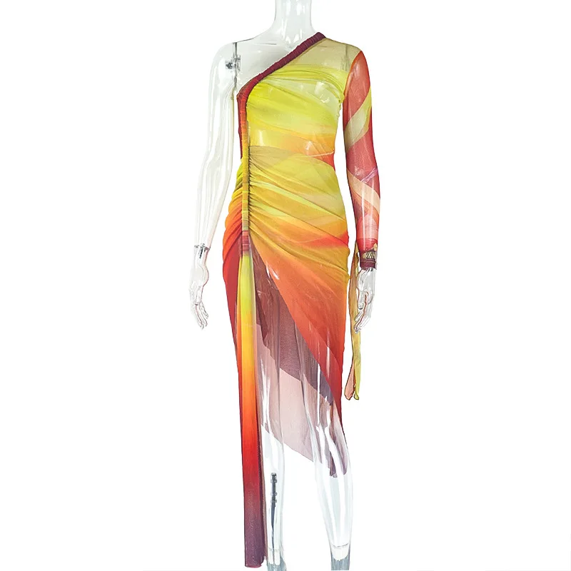 그라디언트 인쇄 불규칙한 생일 드레스 여자 섹시한 스큐 칼라 싱글 슬리브 Bodycon 맥시 드레스 2025 Holiday Beachwear