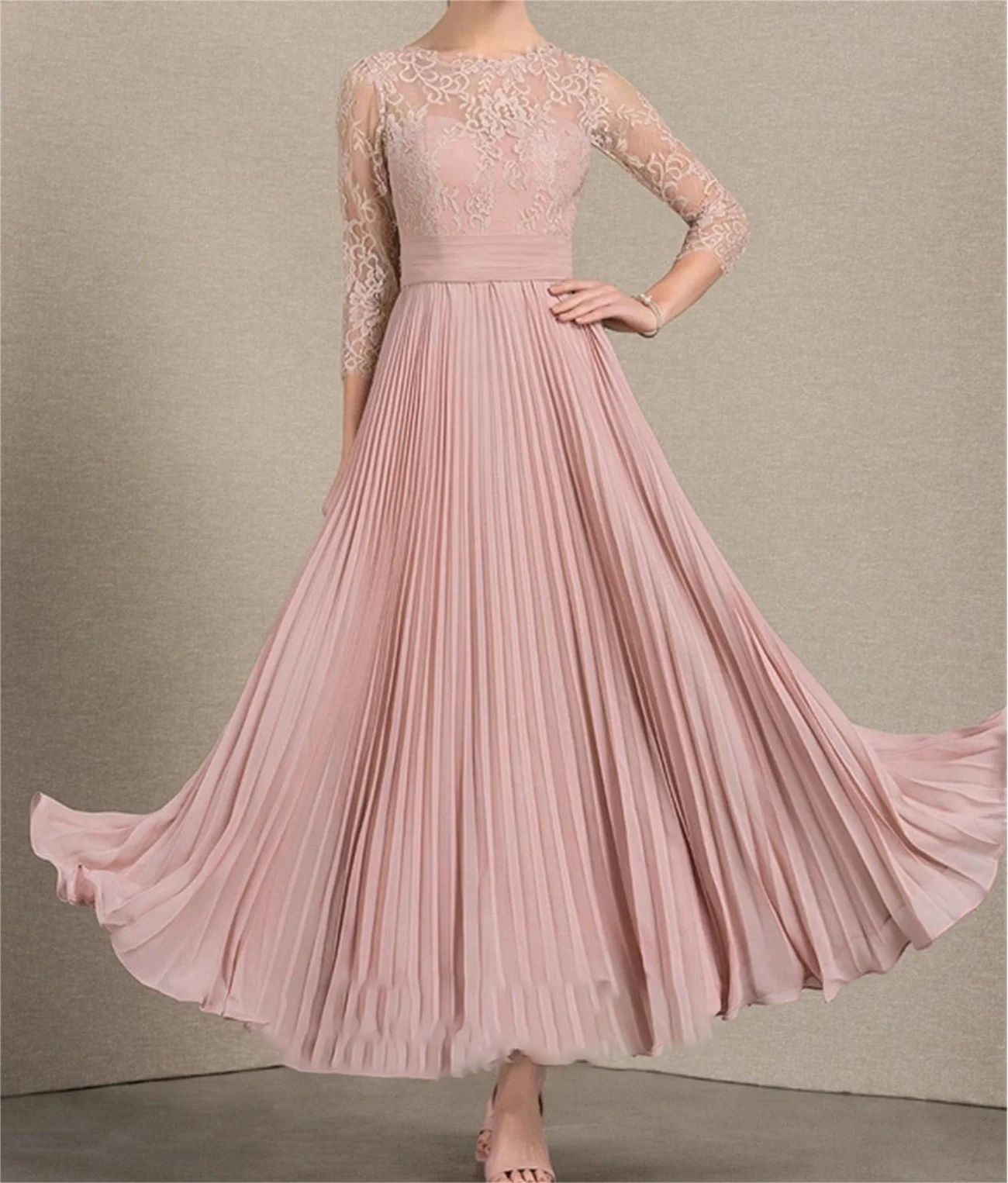 

Bridal Mother Dress Round Neck Long Sleeves Openwork Flower Leaves Lace Pink Chiffon Evening Gown Zippered Elegantly Newest