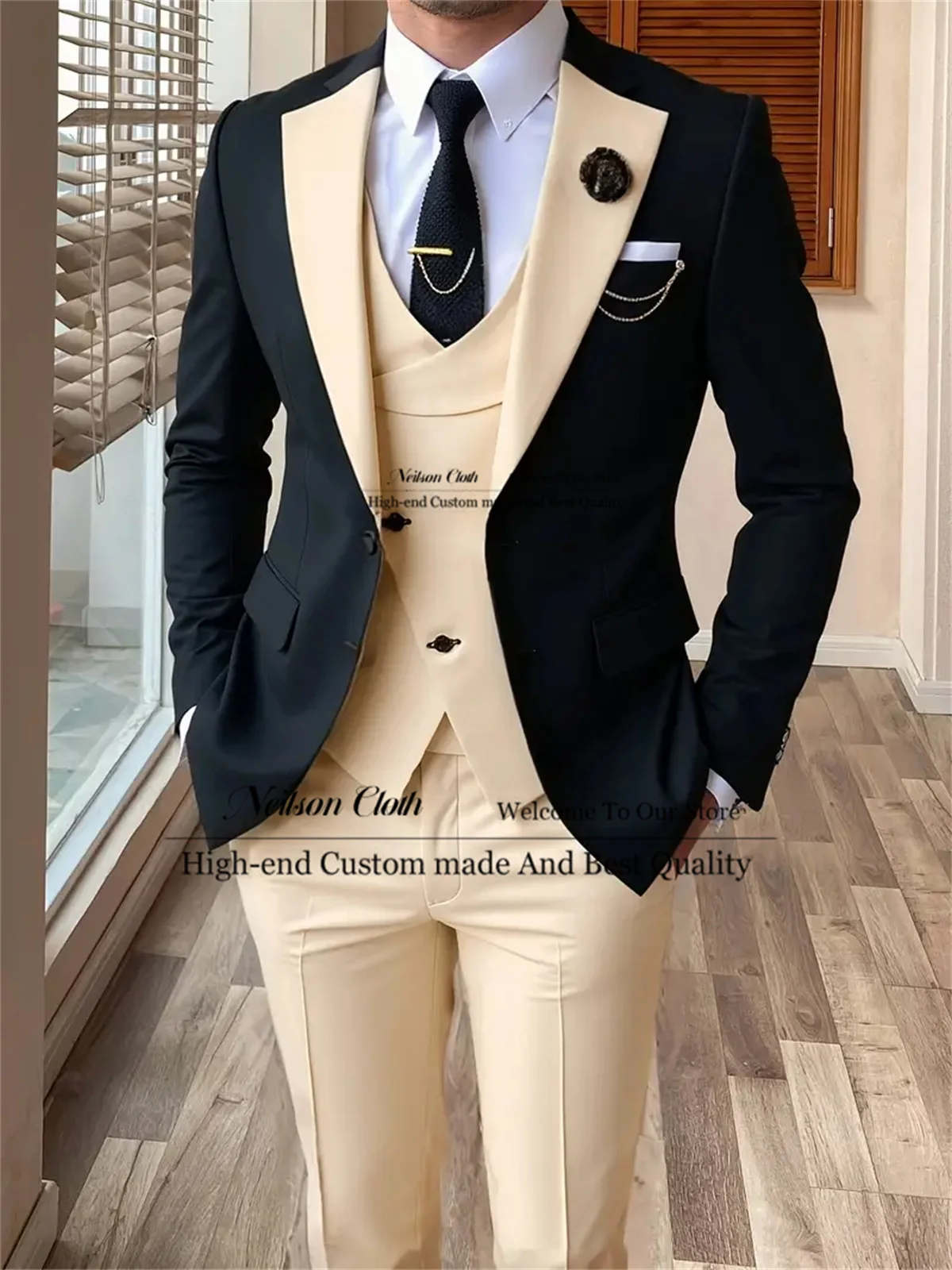 

Business Color Blocking Male Prom Blazers 3 Pcs Sets Customized Groom Wedding Tuxedos Notched Lapel Groomsmen Costume Homme
