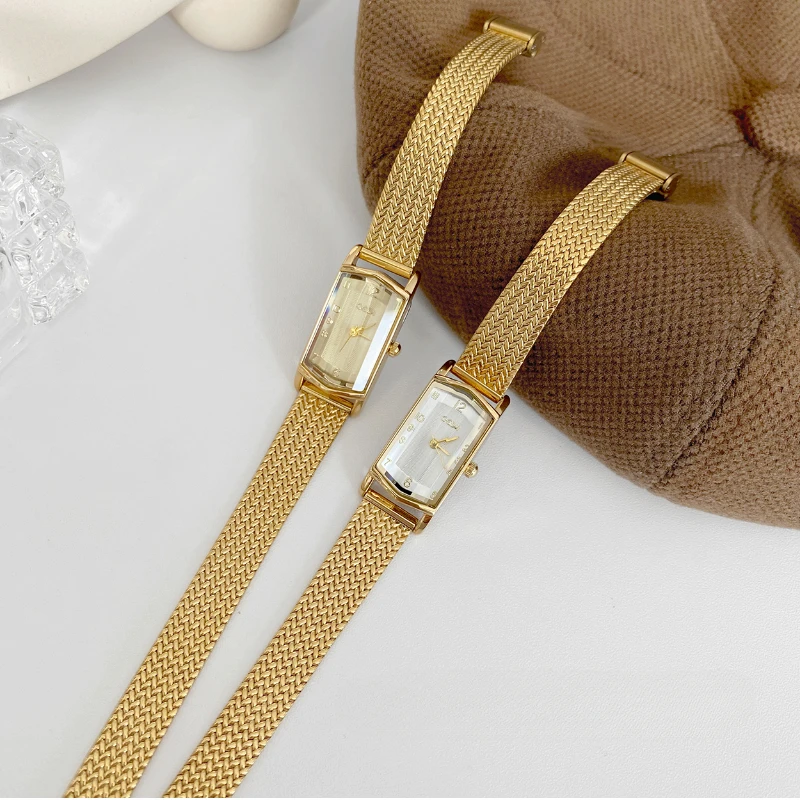 Gold Slim Watch for Women Delicate Rectangle Dial Design Watch Women Waterproof Quartz Women\'s Watches Mesh Women\'s Watch