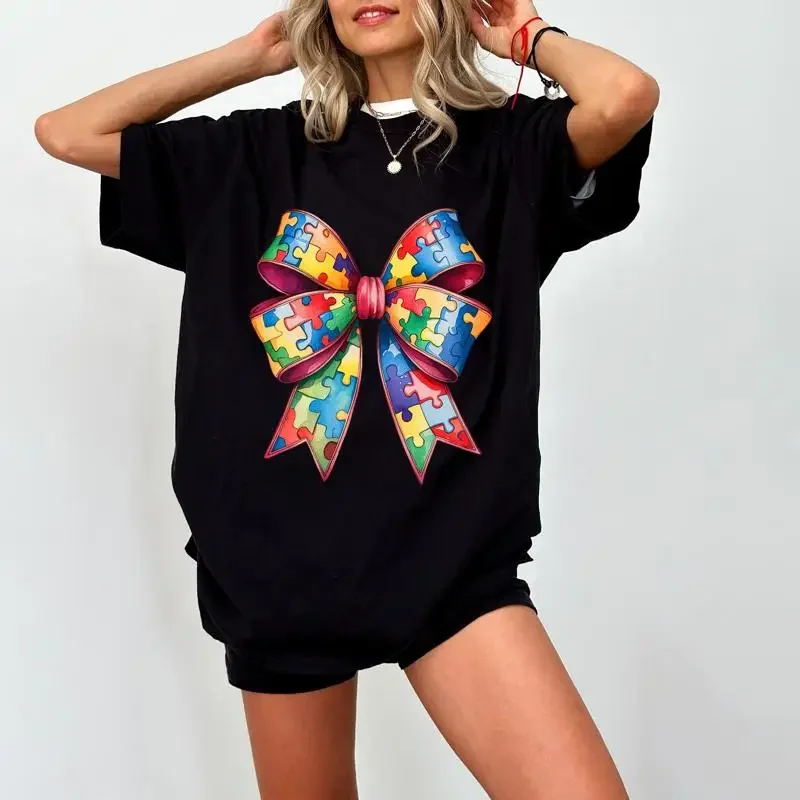 Autism Bow T Shirt Autistism Acceptance Mental Health Tee Embrace Neurodiversity Adhd