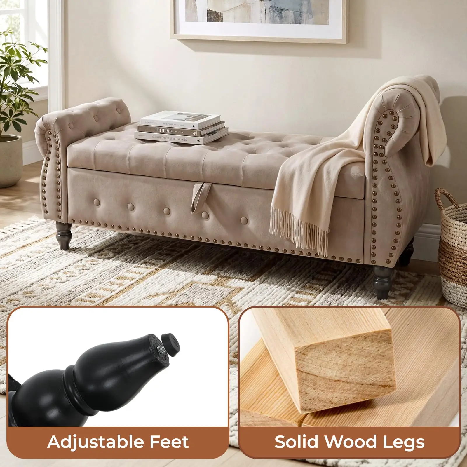 Mueble de lujo de primera calidad, banco de almacenamiento tapizado en terciopelo con detalles de tachuelas, 151 cm, banco tapizado para dormitorio con reposabrazos altos y amplio compartimento de almacenamiento.