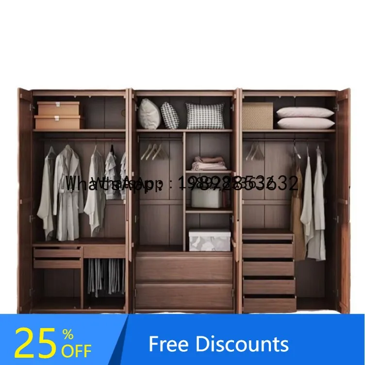 Black Walnut Solid Wood Wardrobe Light Luxury Natural Wood Closet Bedroom Swing Door with Top Cabinet