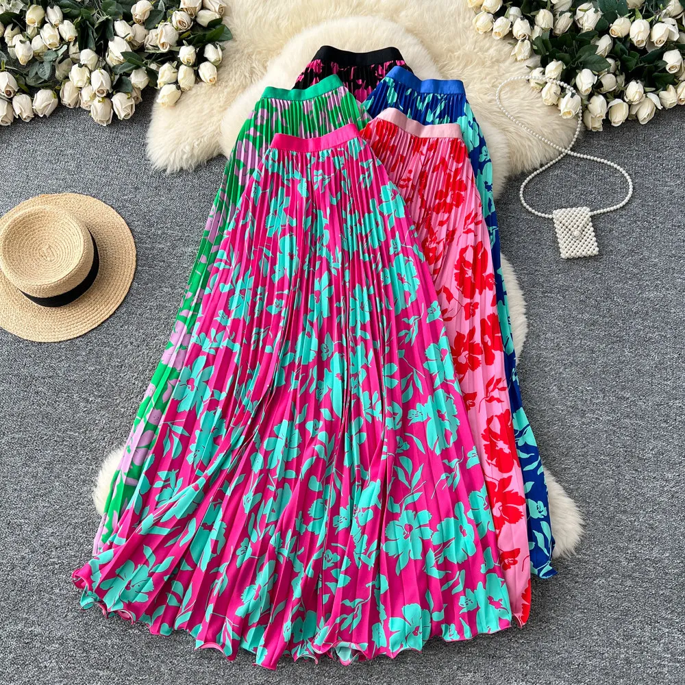 Skirts Women Mid Length Skirt A Line Elastic Waist Slim Fit Elegant Splice Y2k Streetwear Work Print Floral Pleated Casual 2026