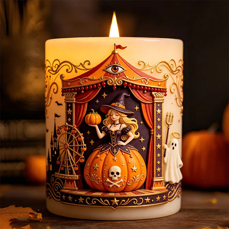 Handgemachte Silikonform für Duftwachs- und Harz-Dekorationen: Halloween-Zirkus, Hexe, Kürbis, Geist, Riesenrad – 3D-Relief-Design für Duftkerzen