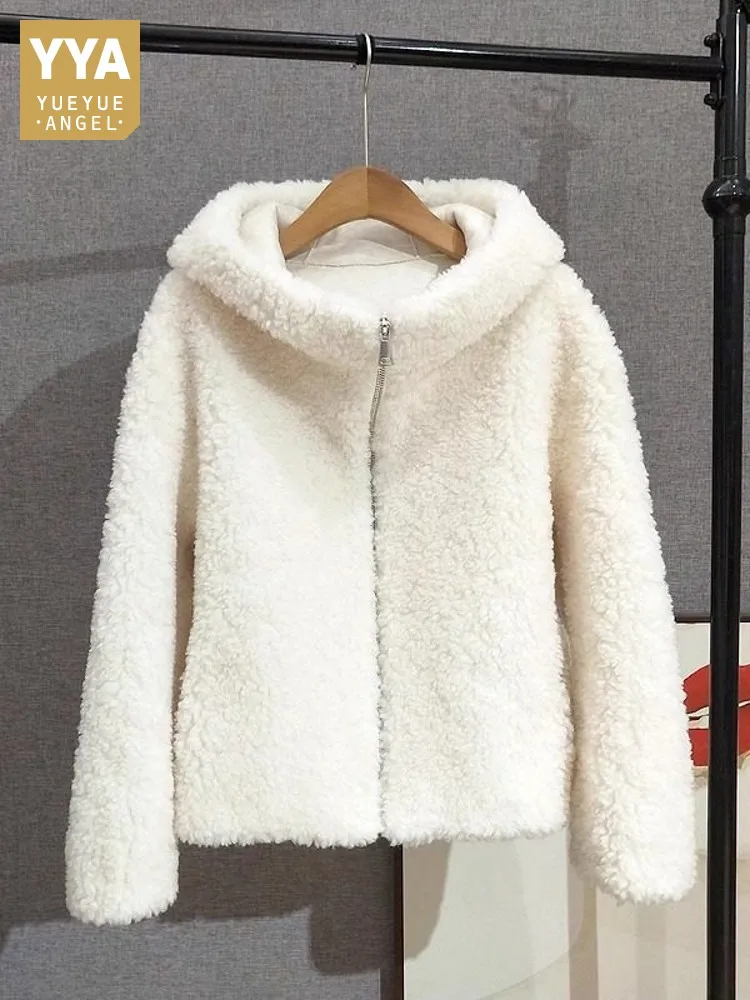 

Winter Women Casual Hooded 100% Natural Wool Jacket Zipper Loose Fit Streetwear Thick Warm Coat Fashion Real Sheep Fur Jacket