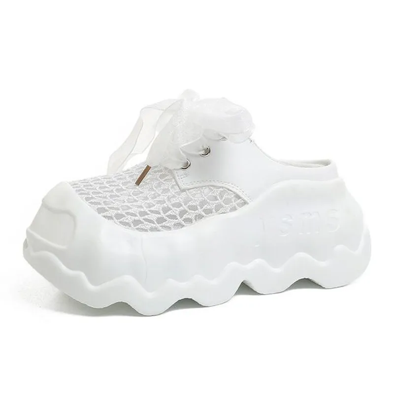 

Women Walking Slippers Summer Fashionable Thick Bottomed Headed Half Slippers Air Mesh Casual Sneakers Sexy Sandalias De Mujer