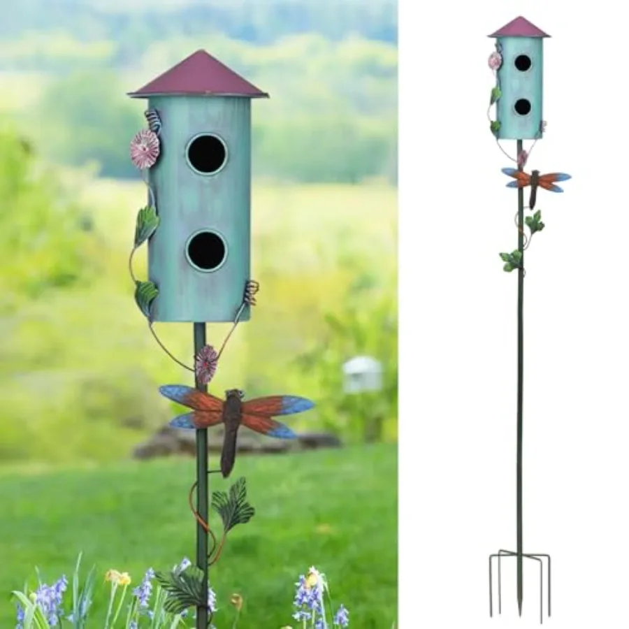 

57" Bird Houses Stake for Outside Metal Wild Bird Feeder Double-Hole Birdhouse Stake with Cylinders Design Outdoor Decorations