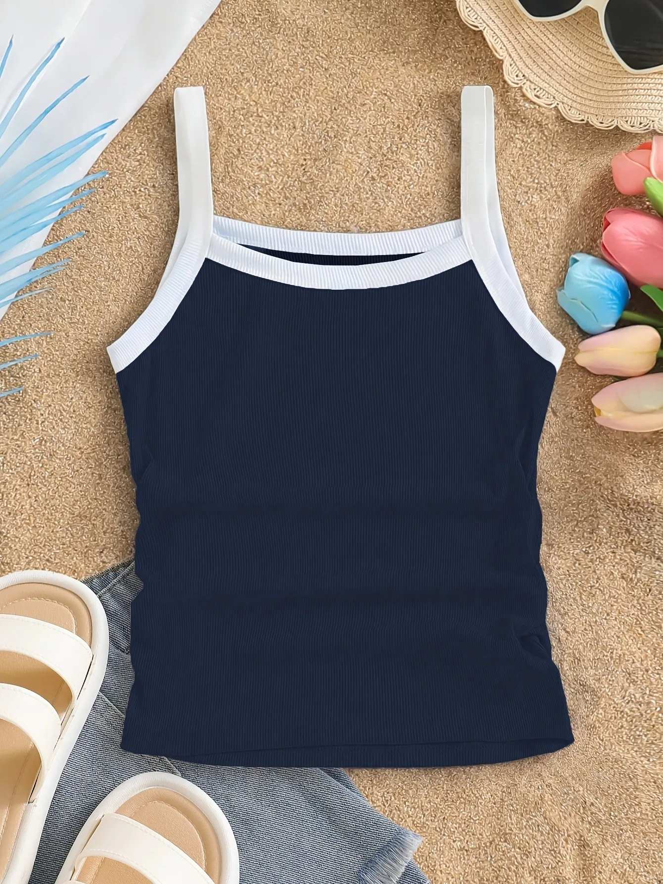 Comfy Kids Girls Summer Knit Tank Top, Color Block White Edge Square Neck Ruched Camis for Beach & School Outfit