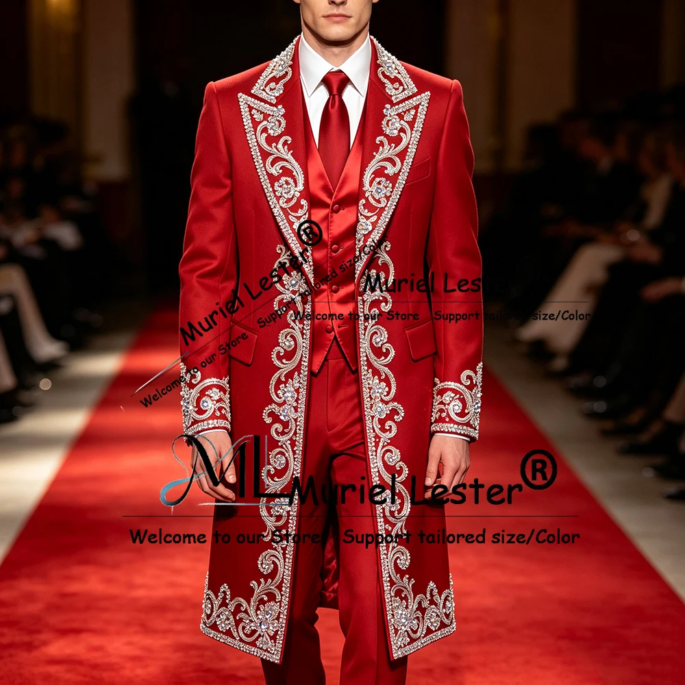 Luxury Red Suit Men 3 Pieces Sets Sparkly Crystals Beaded Groom Blazers Long Customized Single Breasted Man Dinner Party Tuxedos
