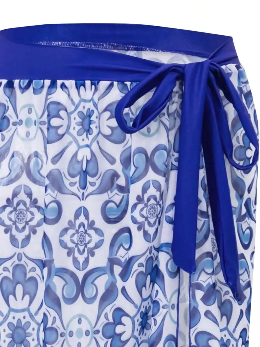 

Womens Floral Printed Bikini Set With Ruffled Edges And Matching Cover-Up Skirt
