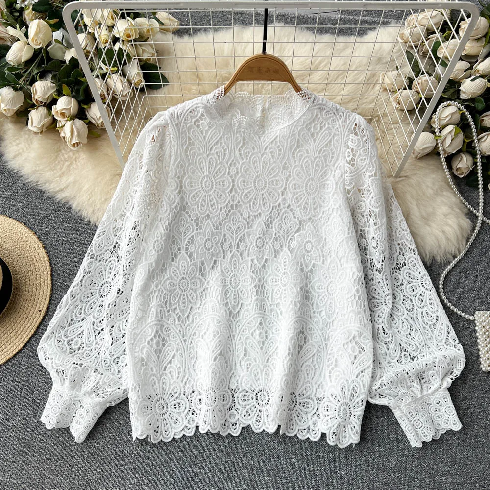 2023 New Spring Autumn Women Long Sleeve Loose Blouse High Quality Vintage Hook flower hollow Chemical Lace Runway Shirt