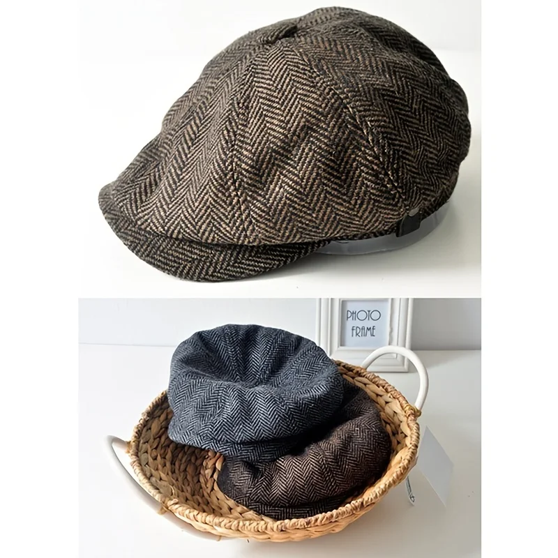 Mannen Retro Baret Britse Hoed Wolmix Vintage Visgraat Tweed Mannen Casual Krantenjongen Hoed Platte Pet