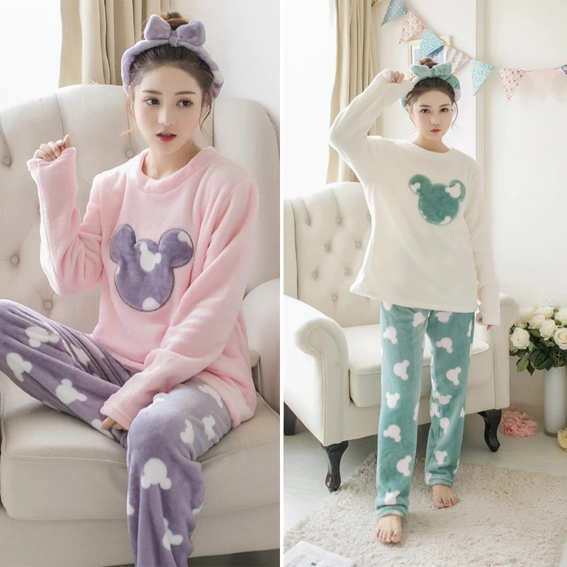 

Disney Mickey Mouse Pajamas 2 Piece Set Fleece Thick Warm Women Winter Sleepwear Cartoon Long Sleeves Casual Top Pants Home Suit