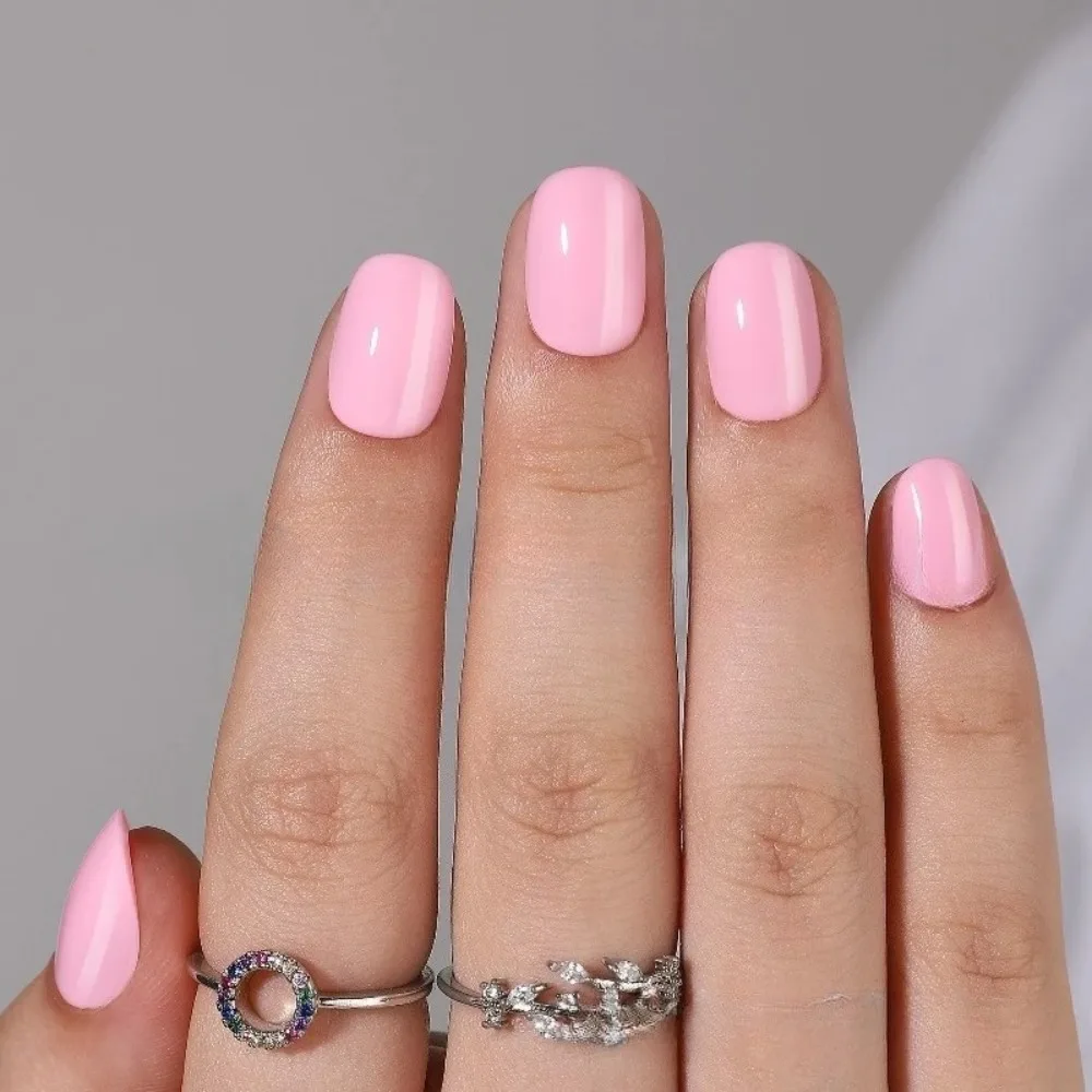 pure pink Short Squoval Press On Nails 24 Pcs Manicure Set with Glue Tabs Gift for Women Lasting Daily Work Nail Kit