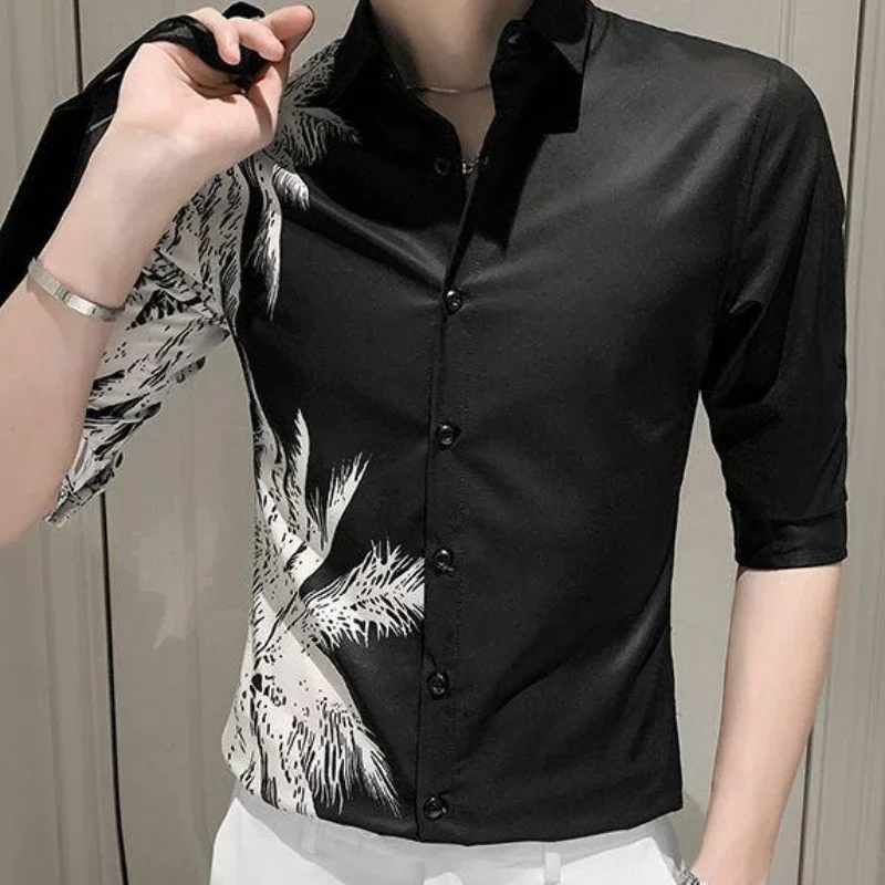 

Man Shirt Floral Print Half Sleeve Shirts for Men Black Korean Style High Quality Luxury Aesthetic Vintage Button Up Normal Sale