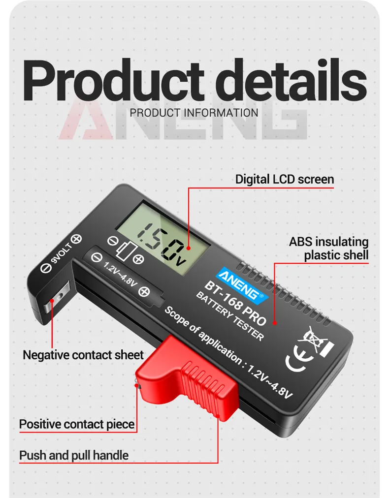 ANENG BT-168/BT-168 Pro Batterietester Benötigt Keine Stromversorgung AA/AAA/D/C/9V Knopfzellen 18650 Universelles Leistungsmessgerät – Detail 18