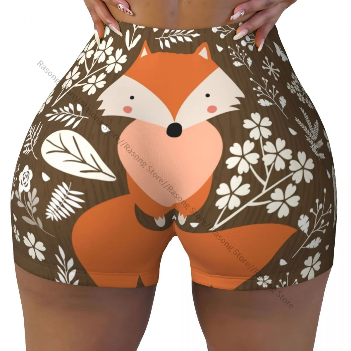 Women's Yoga Shorts Fox With Flowers On Wood Background Scrunch Booty Butt Lifting Comfort Fitness Gym