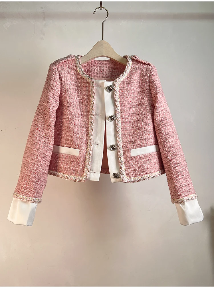 023 Autumn and Winter New Round Neck French Chanel Style Water Diamond Contrast Color Splicing Celebrity Short Jacket Female Tem